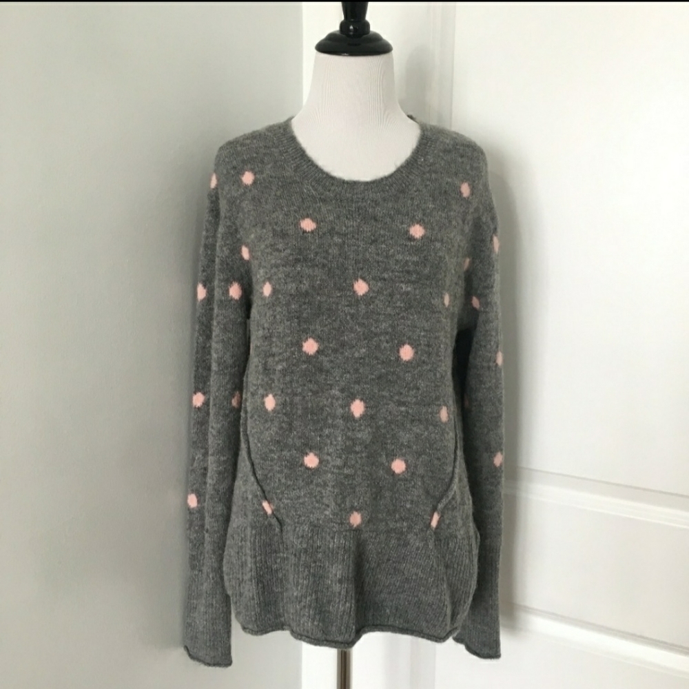 H&M L.O.G.G. Grey with Pink Polka Dots Sweater Womens Medium M Cute Cozy EUC